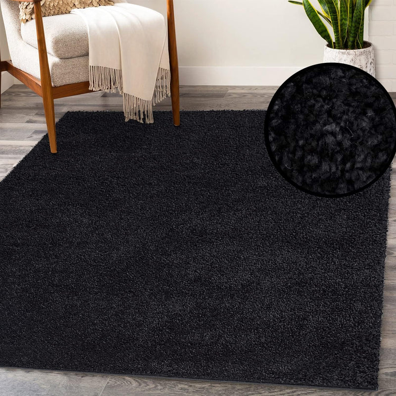 payé Teppich Wohnzimmer Hochflor Shaggy - 150x150cm - Schwarz Einfarbig Uni Flauschig Modern Boho De