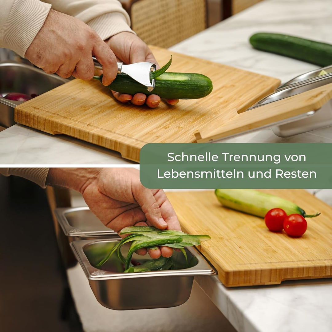 Schneidebrett aus Bambus extra gross und ausziehbar inkl. Auffangschalen aus Edelstahl und Ablage au
