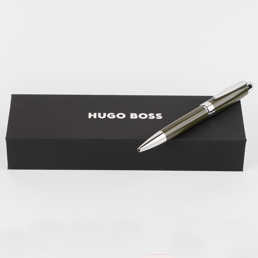 Hugo Boss Kugelschreiber Icon Khaki/Chrome aus Messing hergestellt, Farbe: Grün, Abmessungen: 12 x 1