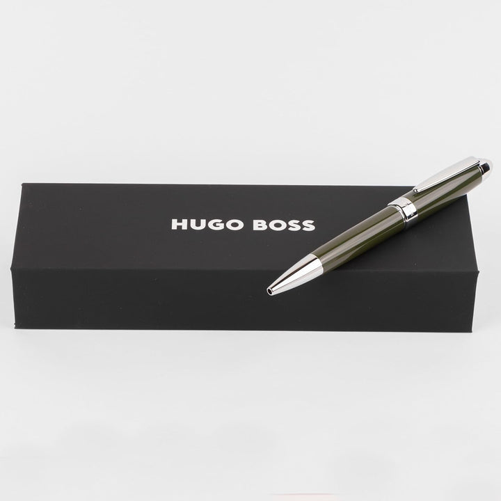 Hugo Boss Kugelschreiber Icon Khaki/Chrome aus Messing hergestellt, Farbe: Grün, Abmessungen: 12 x 1