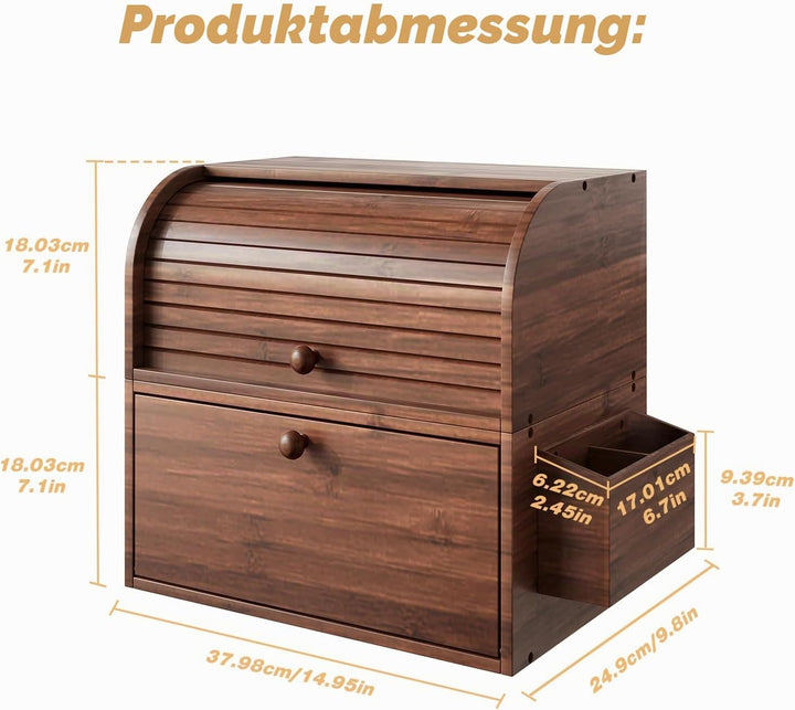 TQVAI Brotkasten Holz, Bambus Brotbehälter mit 2 Etagen Brotaufbewahrung, Bread Box mit Rolldeckel m