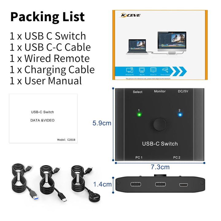 USB C Switch 2 in 1 out, KVM Switch USB C for 2 Laptops 1 Monitor, 4K@120Hz, 10Gbps, 100W PD, USB3.1