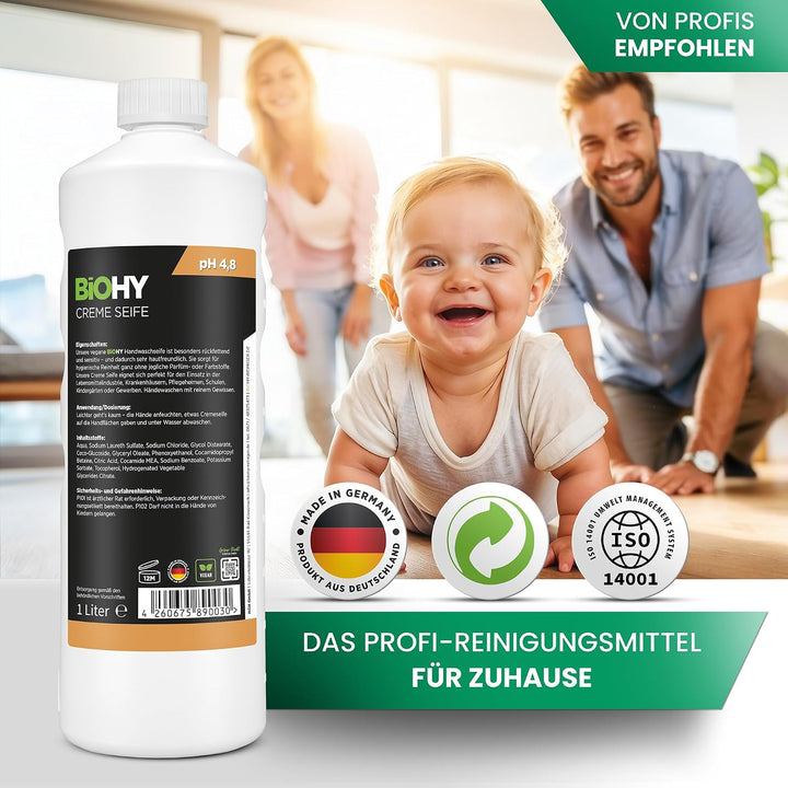 BiOHY Creme Seife (6 x 1 Liter) + Pumpspender | Hautschonende, rückfettende &amp; geruchsneutrale Handse