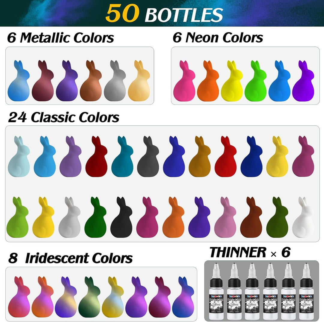 FansArriche Airbrush Farbe, 44 Farben+6 Verdünner, Acryl-Luftpinsel-Set, blickdichte und neon Farben