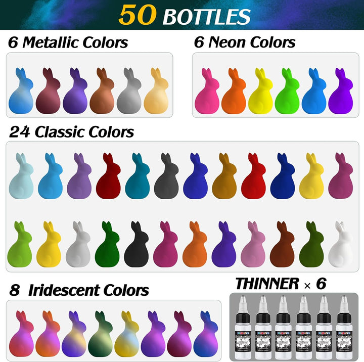 FansArriche Airbrush Farbe, 44 Farben+6 Verdünner, Acryl-Luftpinsel-Set, blickdichte und neon Farben