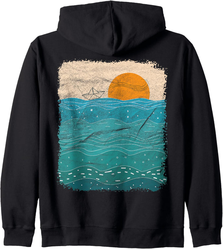Papierschiff schwimmt im Meer Papierboot Kapuzenjacke