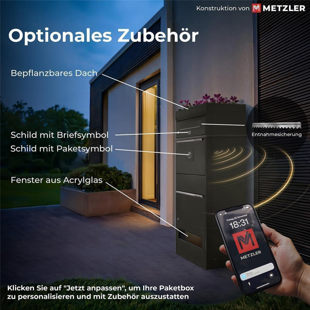 Metzler Paketbox mit 3 Briefkästen – 3er Briefkasten mit Paketfach & austauschbarem Namensschild – P