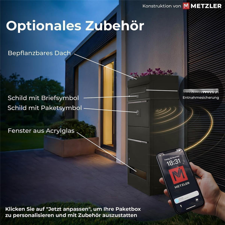 Metzler Paketbox mit 3 Briefkästen – 3er Briefkasten mit Paketfach & austauschbarem Namensschild – P