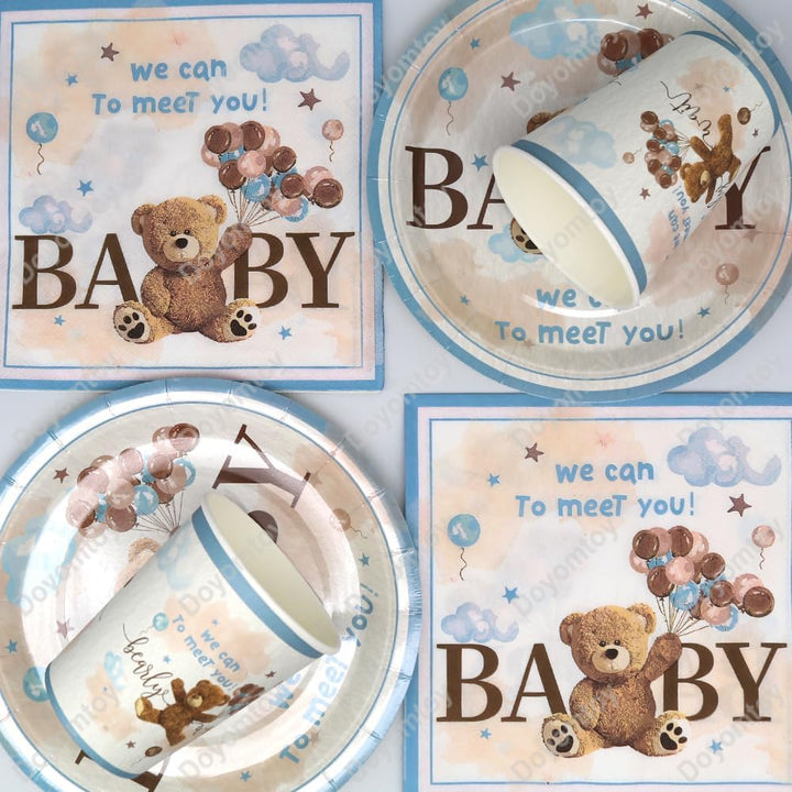 Doyomtoy Plüschbär Partygeschirr, 61 Stück Bärchen Geburtstag Deko Baby Geburtstag Bärs Tassen Servi