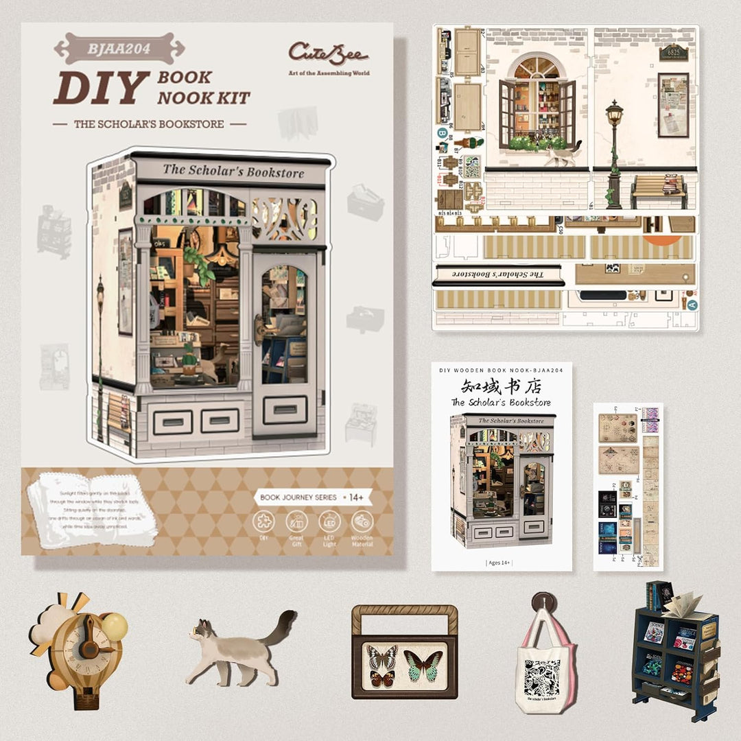 CUTEBEE Book Nook Kits for Adults - DIY Puppenhaus Miniatur mit LED-Licht, Elegantes Verzziertes Hol