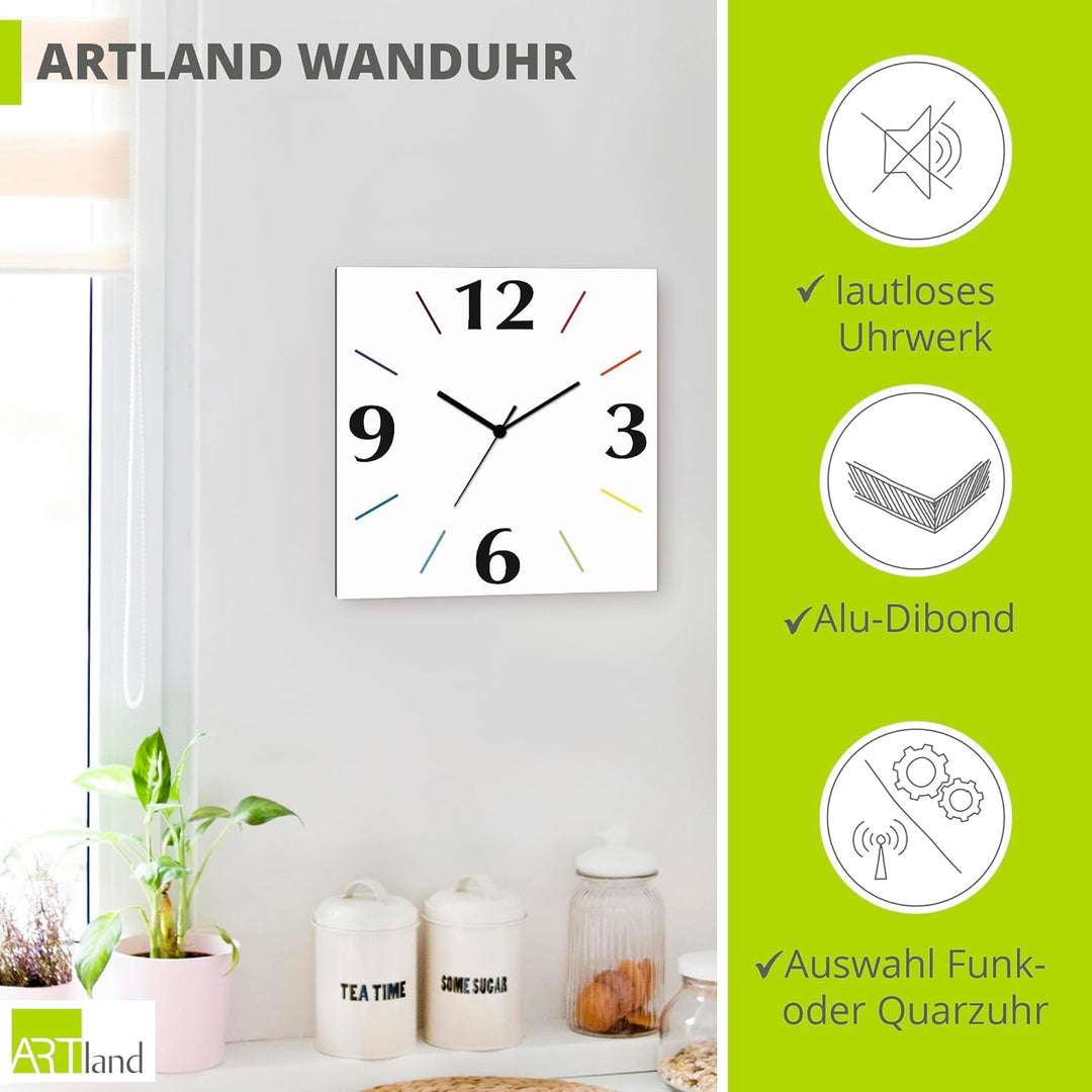 ARTLAND Wanddeko Wanduhr ohne Tickgeräusche Alu Quarzuhr 30x30 cm Quadratisch Lautlos 4 Ziffern Farb