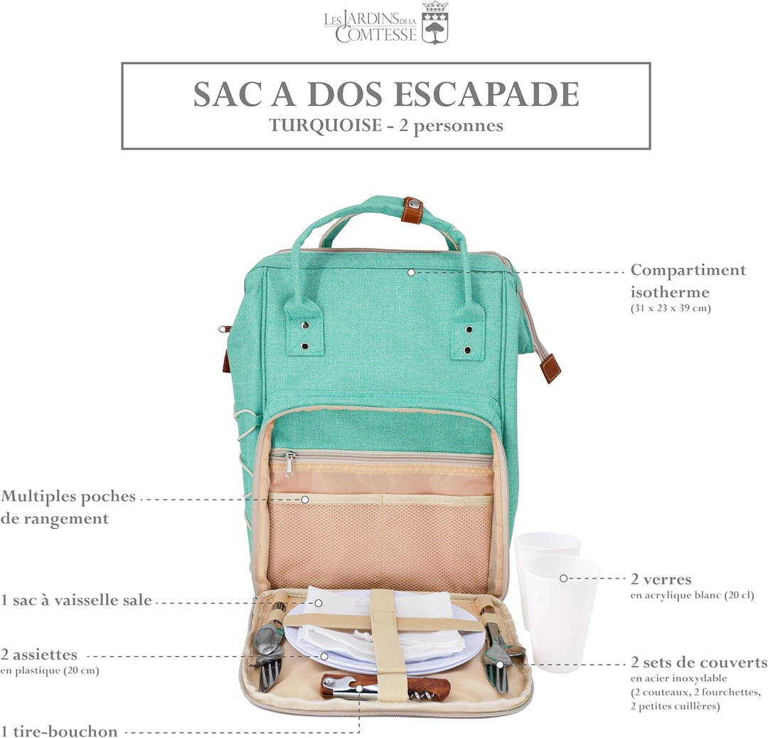 Les Jardins de la Comtesse Picknick-Rucksack für 2 Personen, isoliert, Türkis, 1,5 kg, 31 x 19 x 42