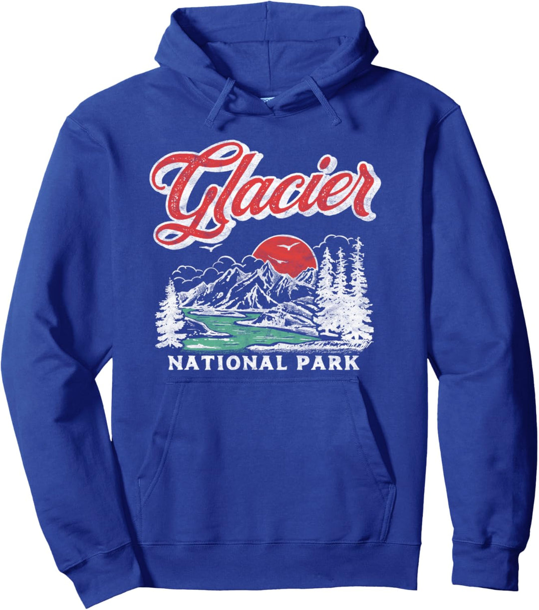 Glacier National Park Retro 80's Mountains Vintage Graphic Pullover Hoodie