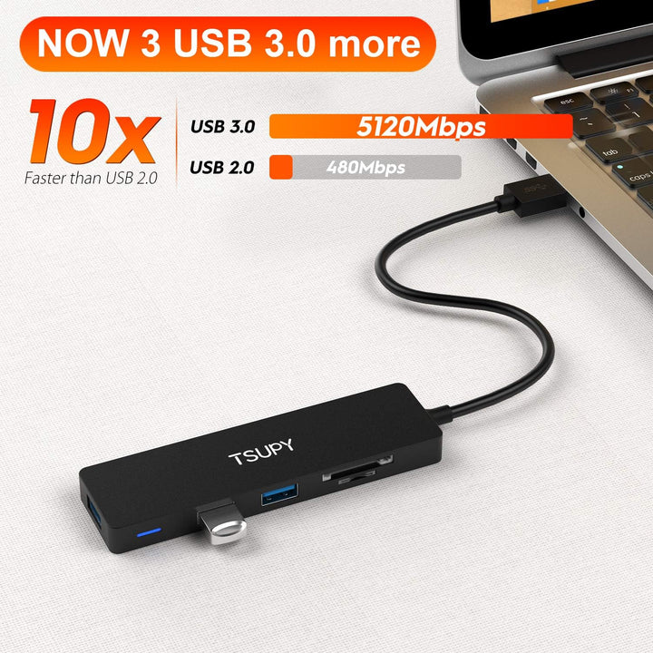 TSUPY USB-3.0-Hub, Multiport-Splitter, 5 USB-Ports mit Micro-SD-Kartenleser für PC, MacBook, Surface