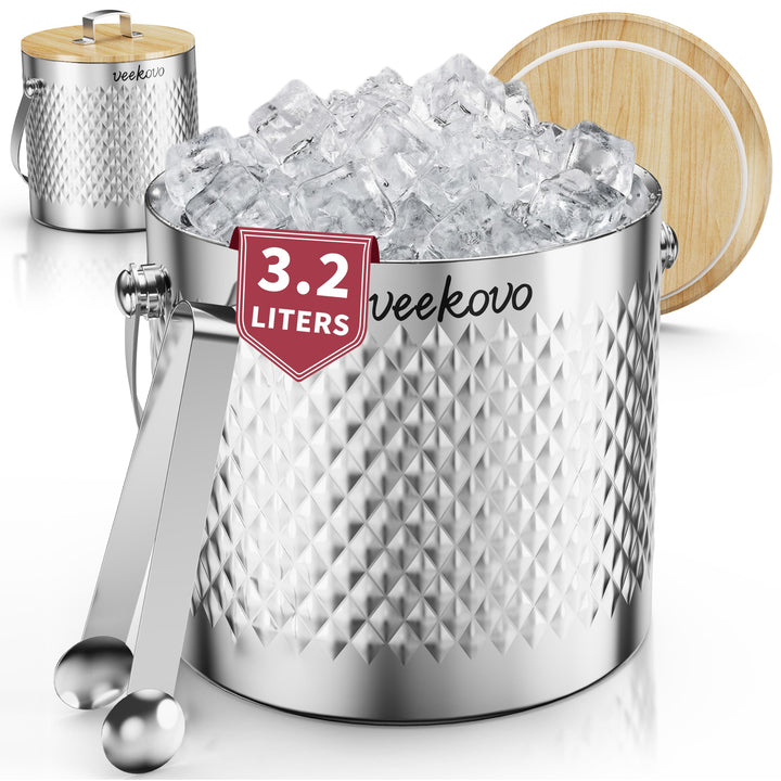 3,2L Eiswürfelbehälter mit Deckel und Schaufel,Edelstahl Eiskübel Doppelwandiger Isolierter,Eisbehäl