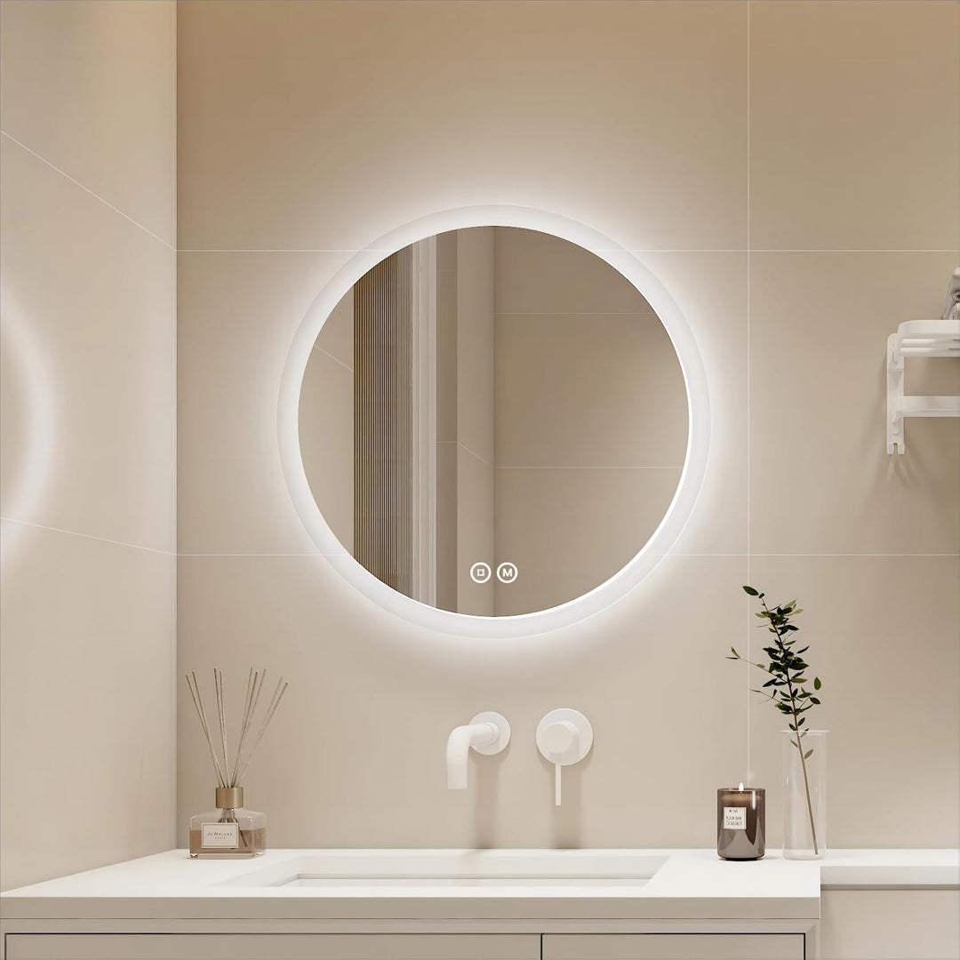 EMKE Badspiegel mit Beleuchtung Rund 60cm, Runder Spiegel mit 3 Lichtfarben Dimmbar, Beschlagfrei, T
