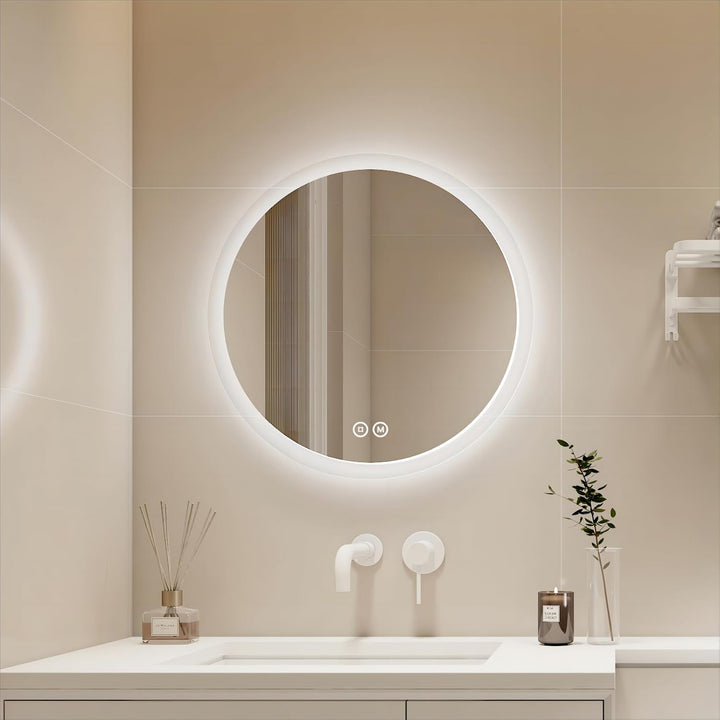 EMKE Badspiegel mit Beleuchtung Rund 60cm, Runder Spiegel mit 3 Lichtfarben Dimmbar, Beschlagfrei, T
