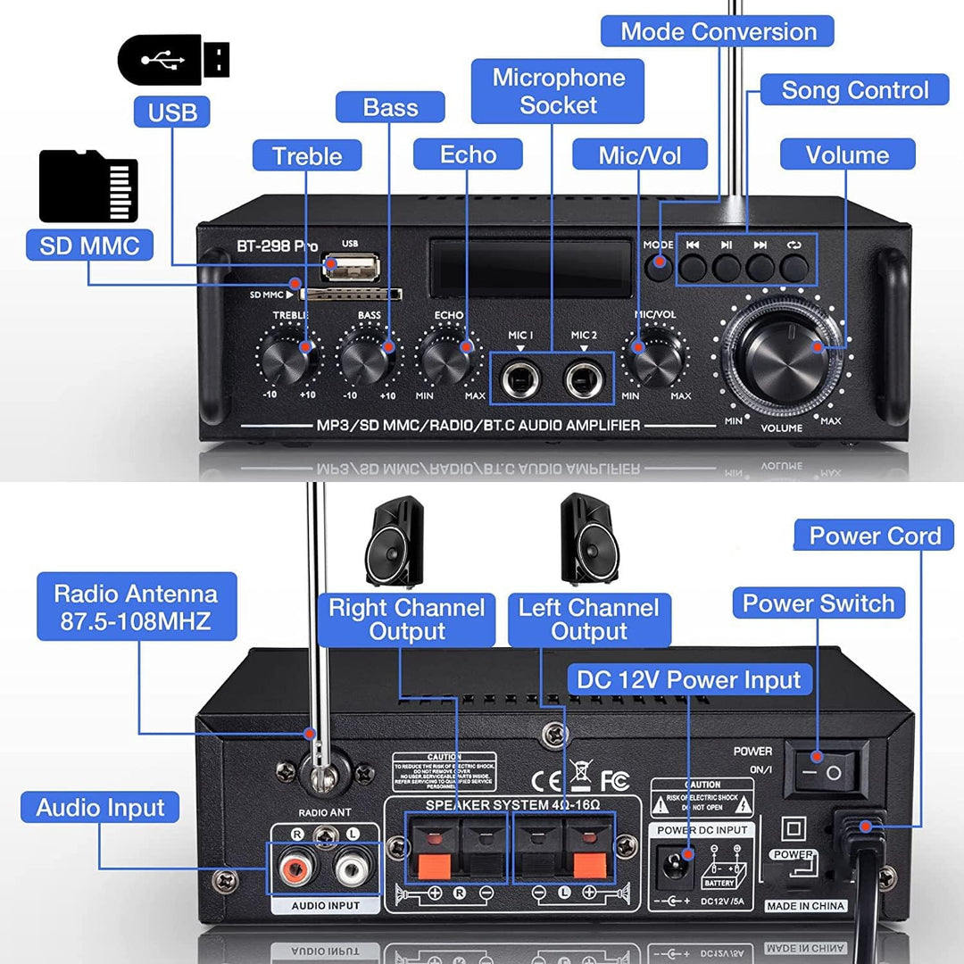 298 Pro Mini Verstärker, Bluetooth-Empfänger, Audioverstärker, Max 500 W x 2 RMS, 50 W x 2, 2-Kanal-