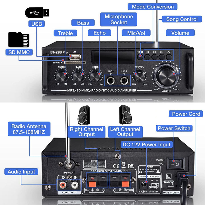 298 Pro Mini Verstärker, Bluetooth-Empfänger, Audioverstärker, Max 500 W x 2 RMS, 50 W x 2, 2-Kanal-