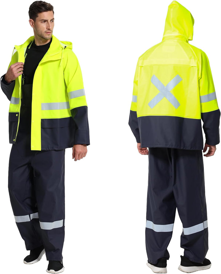 Regenanzug Herren Warnschutz Wasserdicht - PU Regenjacke & Latzhose, Regenbekleidung mit 360° Reflek