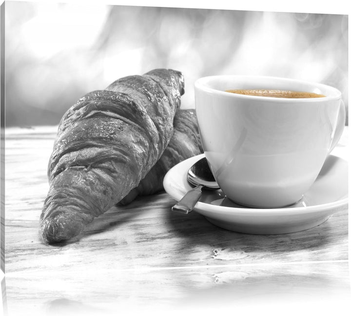 Croissants und Kaffee schwarz/weiss Format: 100x70 auf Leinwand, XXL riesige Bilder fertig gerahmt m