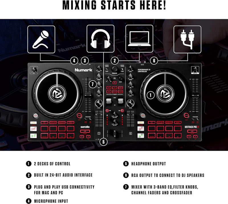 Numark DJ Komplettset - Mixtrack Pro FX 2 Deck Dj-Controller für Serato + HF125 professioneller Kopf