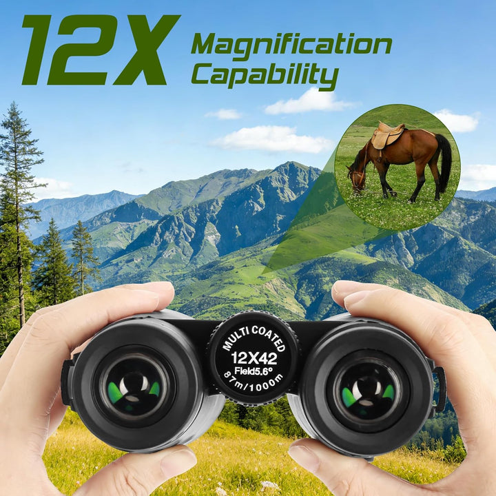 12x42 HD Fernglas Erwachsene, Kompakte Ferngläser wasserdicht feldstecher fernglas FMC-Linse Feldste