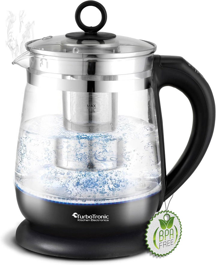 TurboTronic Glas Wasserkocher 100% plastikfrei, 1,5 Liter mit Edelstahl Kalkfilter, LED Beleuchtung