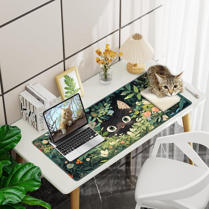 Abetcabe Gaming Mauspad XXL, Mousepad 900 x 400mm, Cute Katze Mauspad gross Vernähte Kanten WassXerd