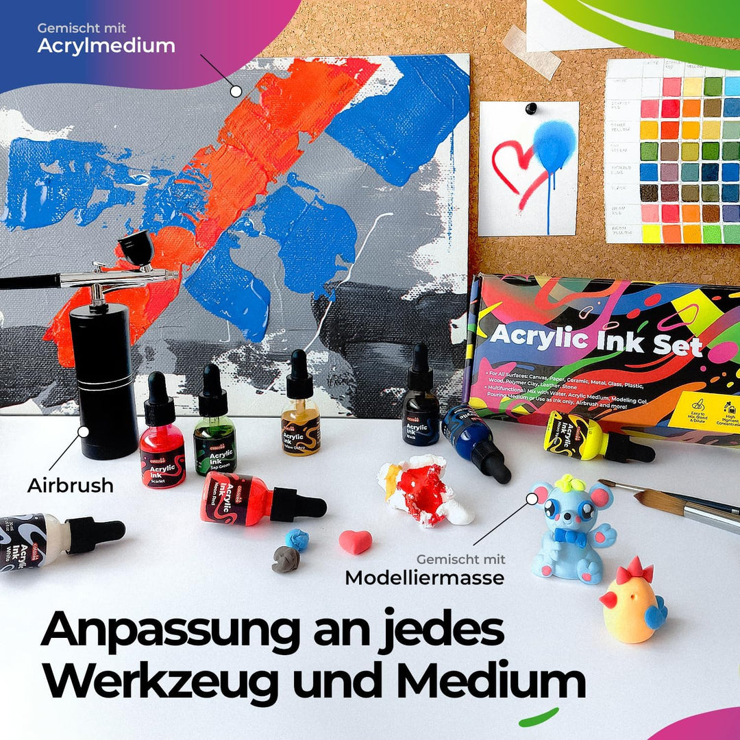 8x20ml Acrylic Ink Set, Permanent, Wasserfeste, Acryltinte inklusive 6 Primärfarben & 2 Neon Farben,