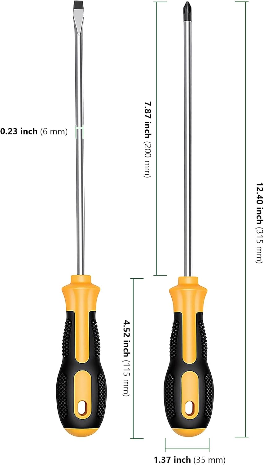 6 Stück Schraubendreher lang, 315 mm Gesamtlänge Schraubendreher Set aus Kohlenstoffstahl, Schlitz &amp;