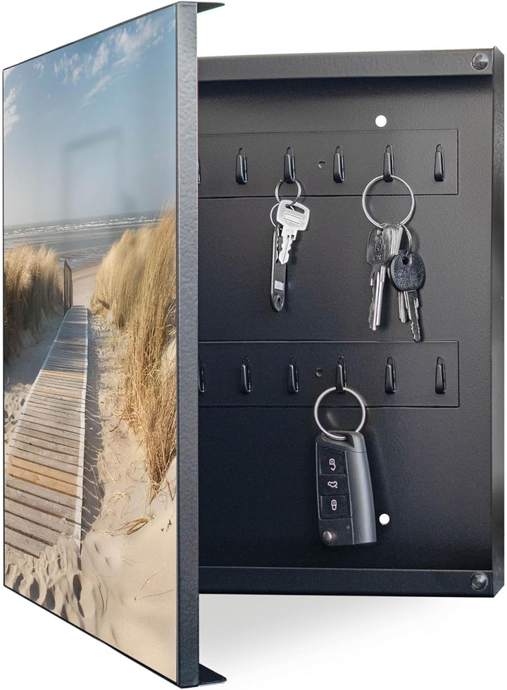 banjado® Grosser Schlüsselkasten Glas/Schlüsselbox 30cm x 30cm mit 50 Haken - Motiv Dünen/Schlüsselk