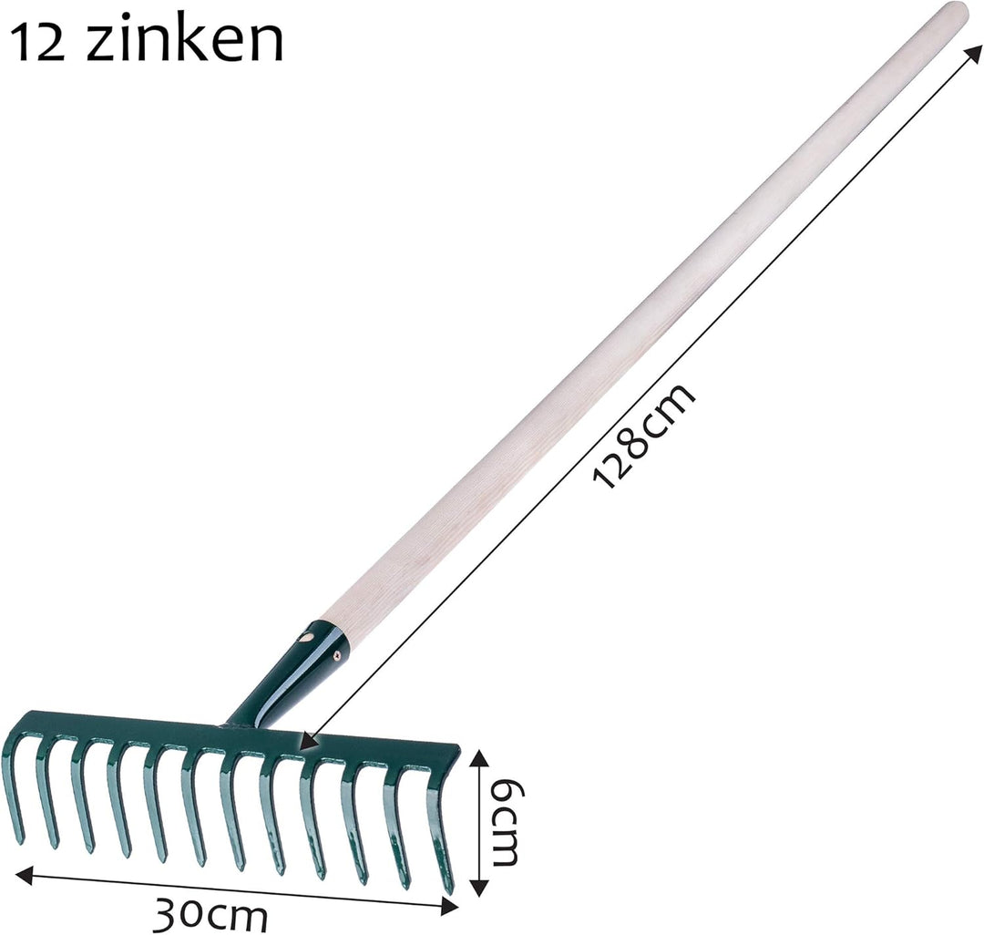 KADAX Rechen aus Metall, Flache Harke mit Stiel aus Holz, Laubbesen für Garten, Beet, Laubrechen, Ra