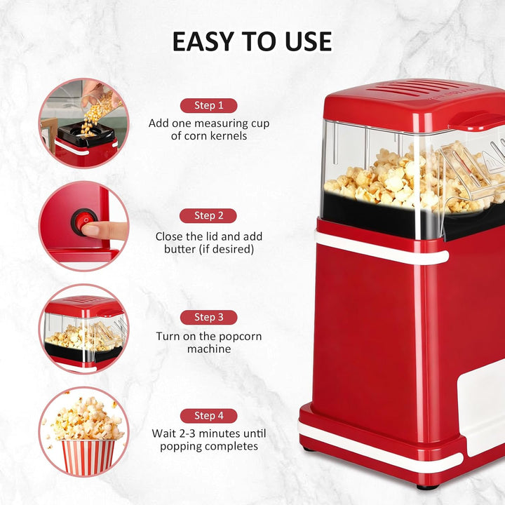 VINATO Popcornmaschine, 1200W Popcornmaschine Heissluft, Ölfreie Technologie, Tragbar Popcorn Maker
