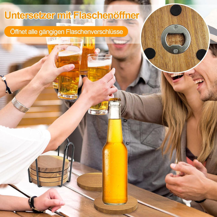 Untersetzer mit Flaschenöffner 8er Set Akazienholz Rund – Multifunktional Holz Untersetzer für Geträ