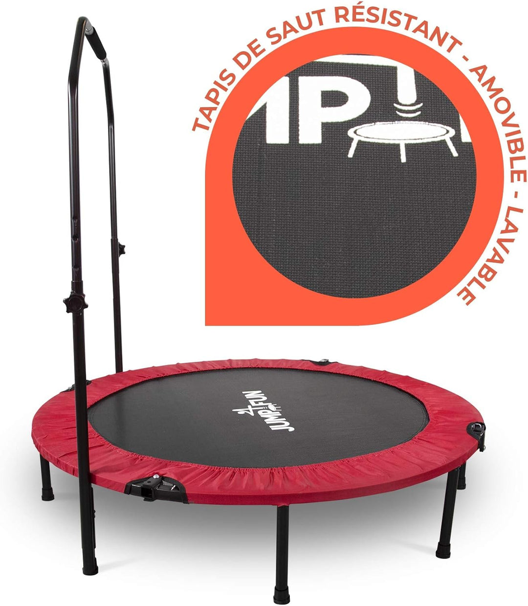 JUMP4FUN Mini-Trampolin, Fitness, faltbar, Doppel-Bar – Ø 122 cm, Rot