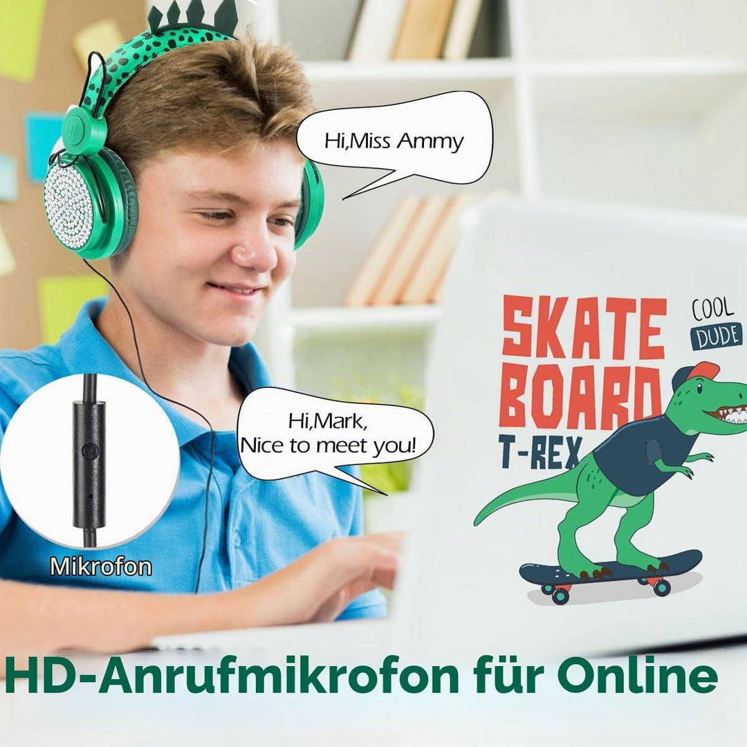 Dinosaurier Kopfhörer Bluetooth Kopfhörer Kinder mit Mikrofon, Over Ear Kopfhörer Kabellos Kinder mi