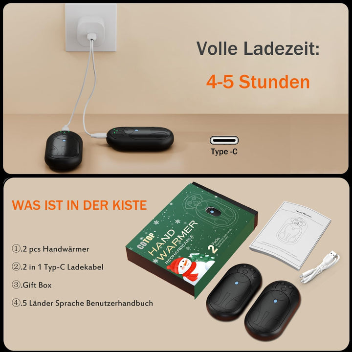 COTOP Handwärmer Elektrisch, 2er Pack 6000mAh Wiederverwendbar Taschenwärmer, 3 Stufen Heizung bis z