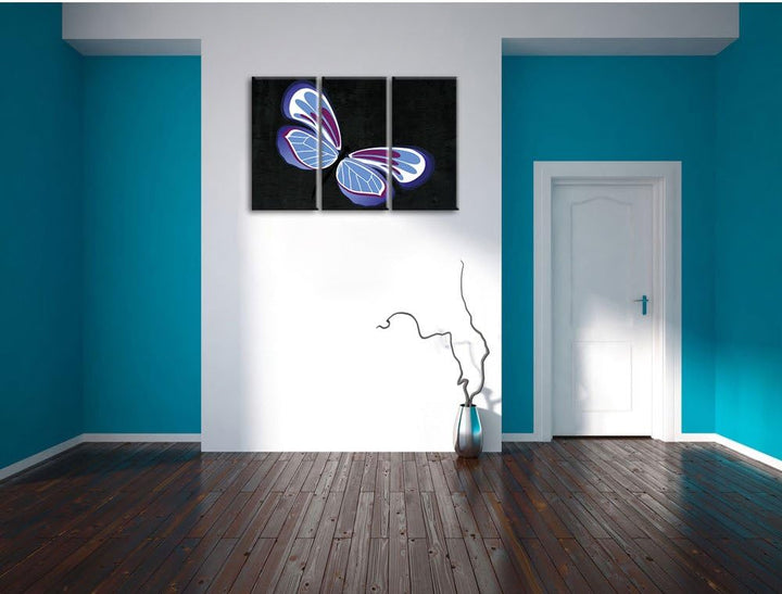 Pixxprint Hübscher lila-Blauer Schmetterling schwarz 3-Teiler Leinwandbild 120x80 Bild auf Leinwand