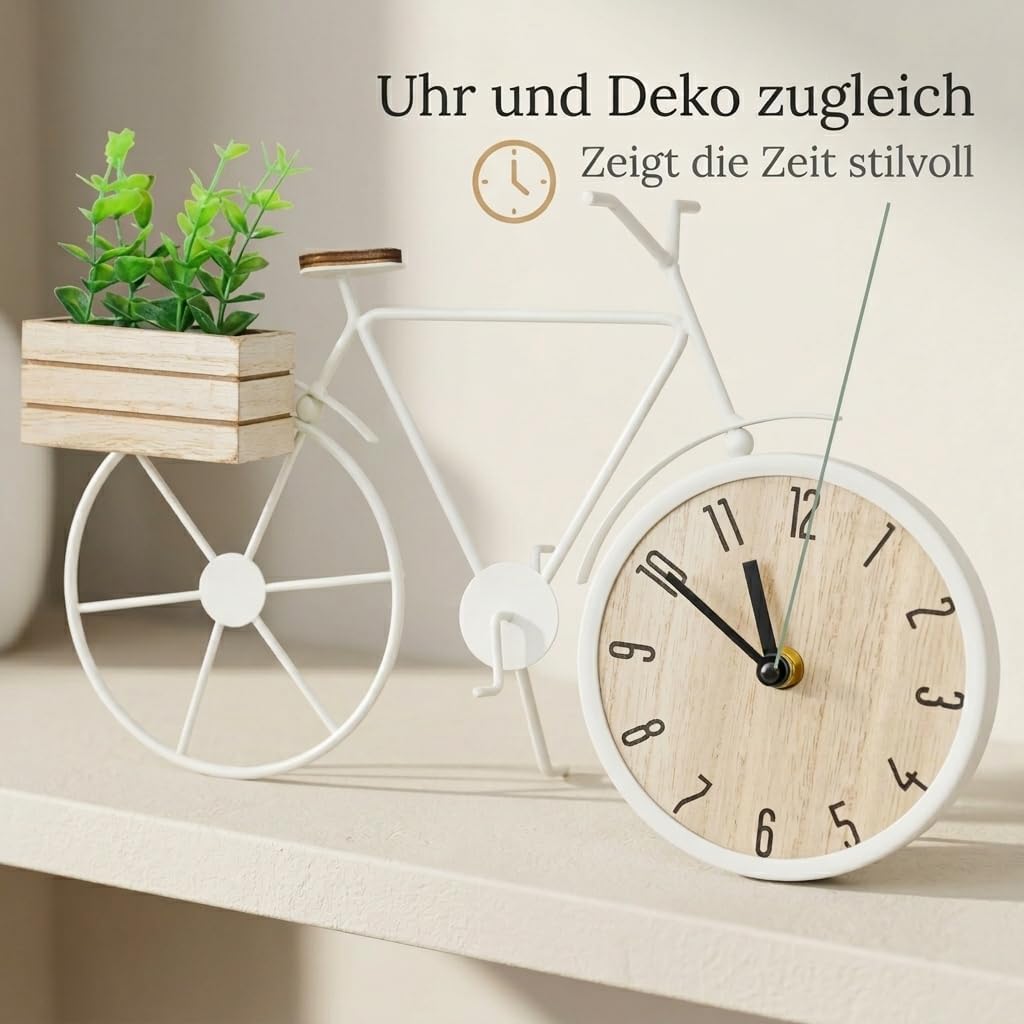 MIJOMA Tischuhr Fahrrad 34 x 24 cm – Metallrahmen mit Holzbox und Deko-Pflanze – analoges Zifferblat