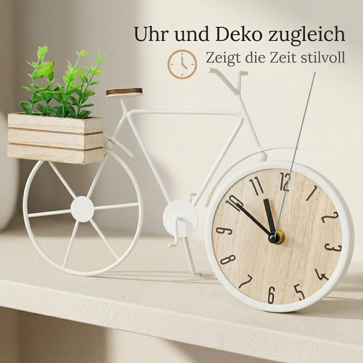 MIJOMA Tischuhr Fahrrad 34 x 24 cm – Metallrahmen mit Holzbox und Deko-Pflanze – analoges Zifferblat
