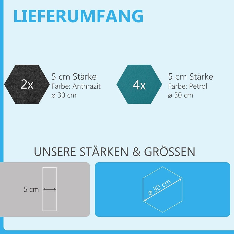 platino24 Set Schallabsorber Colore aus Basotect G+ mit Akustikfilz, 6 Waben je Ø30cm in Petrol + An