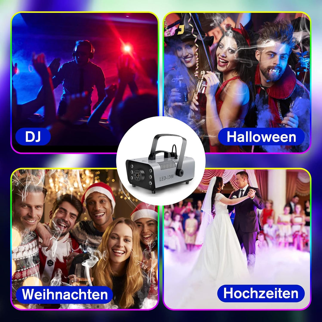1300 Nebelmaschine mit RGB Effekt,13 Farbigen 6 LED Licht Smoke Machine,Mini Fog Rauchmaschine mit 2