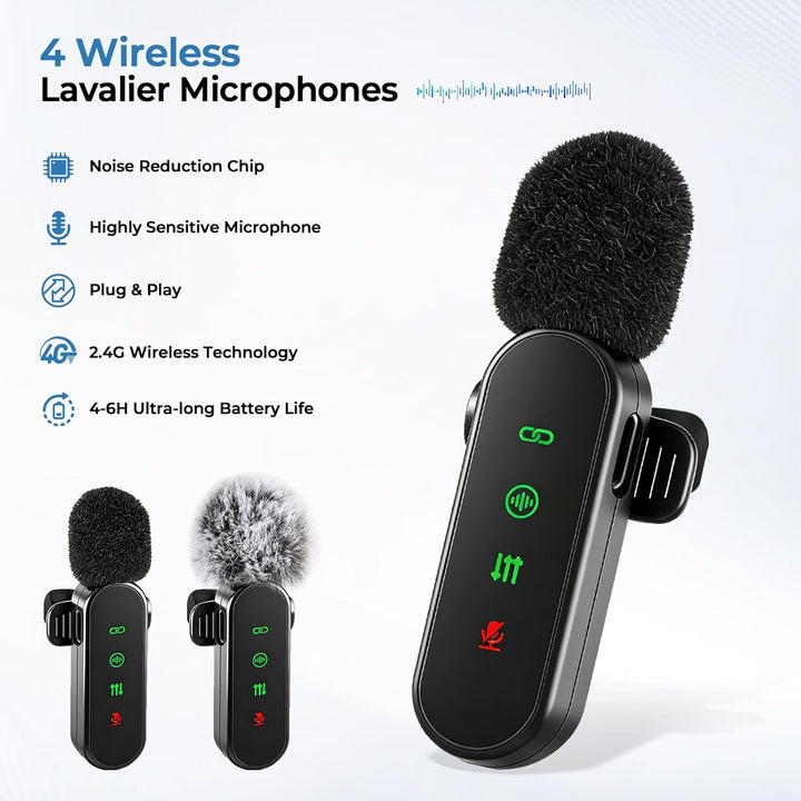 Kabellose Lavalier-Mikrofone mit LED-Anzeige, 4 Stück, Lavalier-Mikrofone, Clip-on-Mikrofon, Auto-Pa