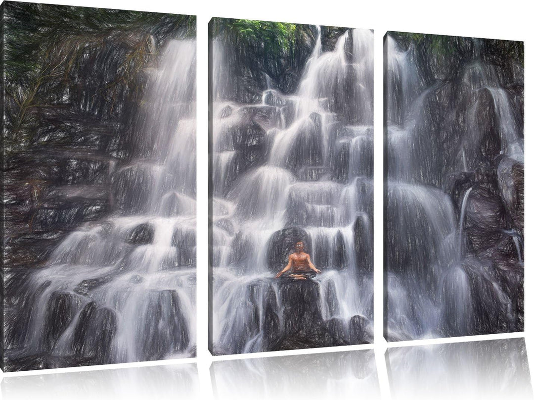 Pixxprint Ruhe und Yoga am Wasserfall Kanto Lampo in Bali Kunst Buntstift Effekt 3-Teiler Leinwandbi