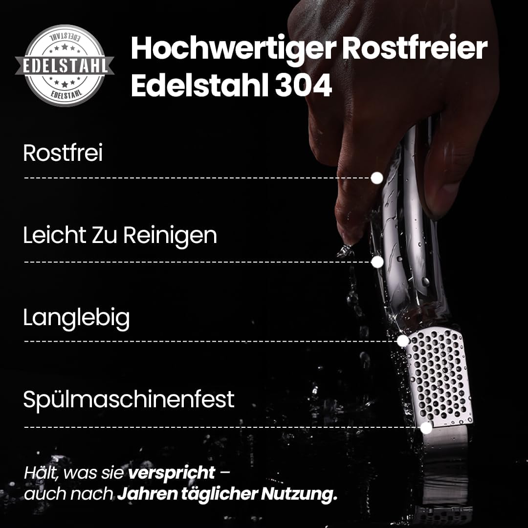 Knoblauchpresse Edelstahl Set mit 2 Aufsätzen | Knoblauch Presse für Knoblauchpaste &amp; Stücke | Garli