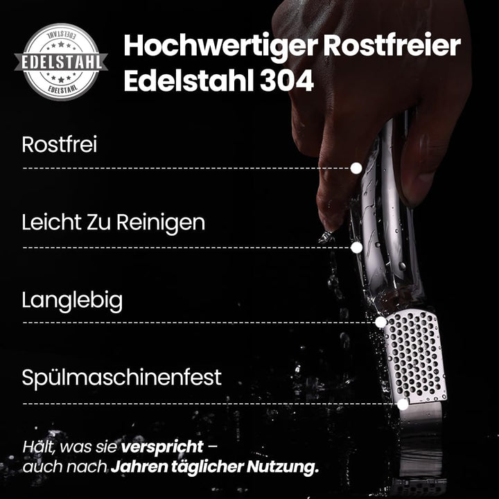 Knoblauchpresse Edelstahl Set mit 2 Aufsätzen | Knoblauch Presse für Knoblauchpaste &amp; Stücke | Garli