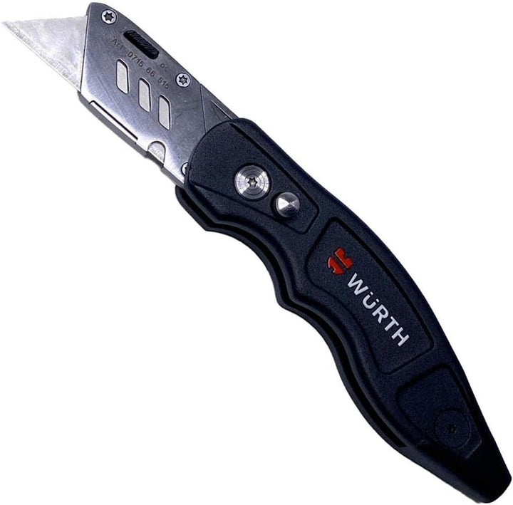 WÜRTH Profi Trapez Klingenmesser + 10 zusätzlichen Trapezklingen mit 1/4 Zoll Bithalter Teppichmesse