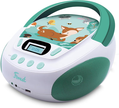 Metronic 477147 CD-MP3-Player Forest Kinder mit USB-Port und Audio-Eingang, Kopfhörerausgang, grün,