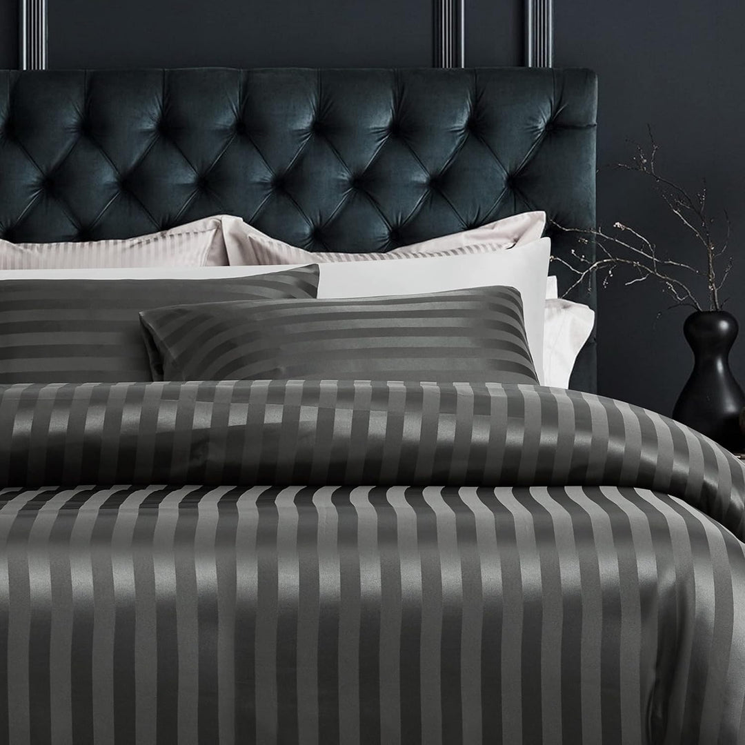 Damier Satin Bettwäsche 155x220cm Grau glänzend gestreift Bettwäsche Set hochwertiges Seidig glatt L
